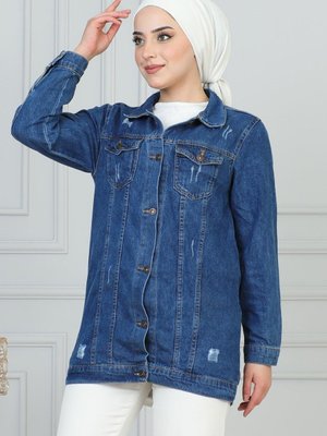 Mavi Lazer Detaylı Kot Ceket Mavi Lazer Detaylı Kot Ceket