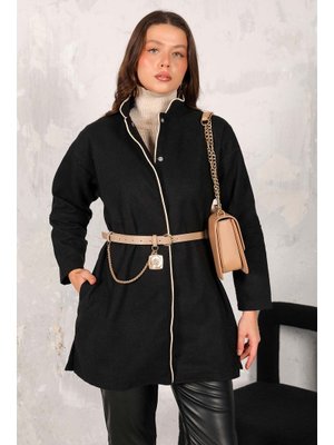 Siyah Taş Kemerli Kaşe Kaban