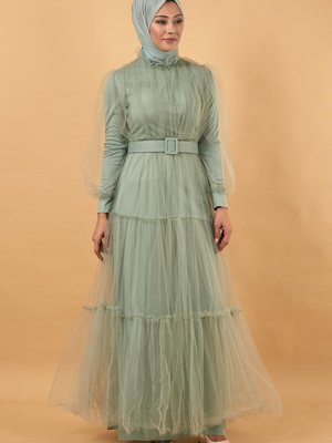 Mint Kemerli Tül Abiye Elbise Mint Kemerli Tül Abiye Elbise