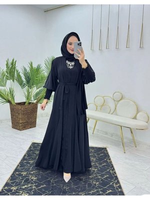 Birinci Kalite Medine İpliği Kumaştan Kemerli Abaya Ve İçlik Elbise Şahane İkili