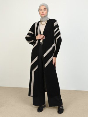 Geometrik Desenli Balon Kollu Uzun Triko Hırka Siyah Vizon