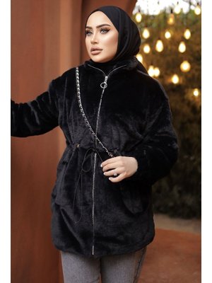 Siyah Tünel Bağcıklı İçi Astarlı Peluş Mont