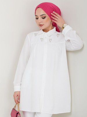 Beyaz Gömlek Yaka Taşlı Tunik Beyaz Gömlek Yaka Taşlı Tunik