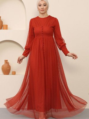 Kiremit Düğme Detaylı Tül Abiye Elbise