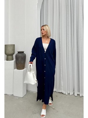 Lacivert V Yaka Düğme Detaylı Oversize Triko Hırka