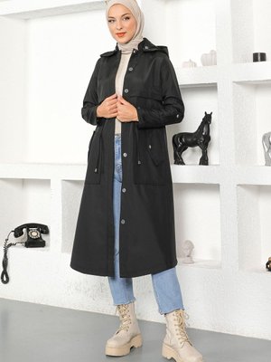 Siyah Kapüşonlu Trençkot