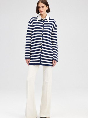 Gold Düğmeli Çizgili Uzun Hırka