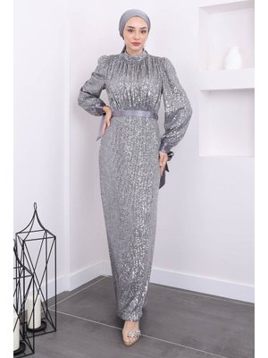 Füme Kol Bağlamalı Pul Payetli Abiye Elbise