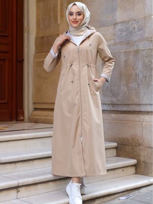 Bileği Ve İçi Çizgili Kapüşonlu Tam Boy Uzun Trençkot