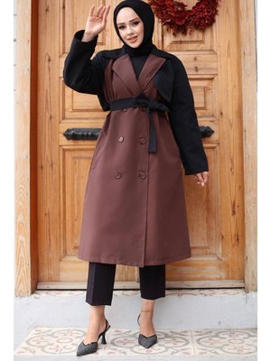 Kahverengi Kolu Garnili Trençkot Kahverengi Kolu Garnili Trençkot