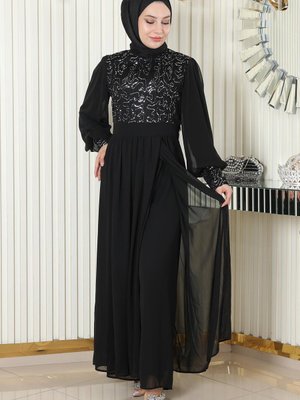 Siyah Pulpayetli Şifon Takım