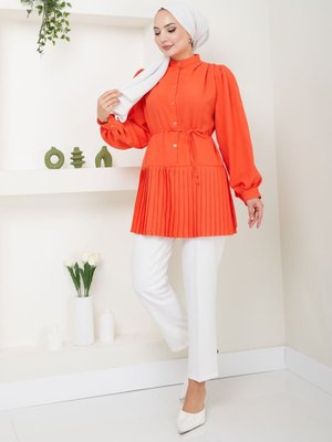 Turuncu Önü Düğmeli Piliseli Prenses Kol Tunik Turuncu Önü Düğmeli Piliseli Prenses Kol Tunik