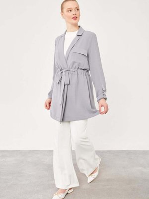 Gri Kendinden Kemer Bağlamalı Ceket