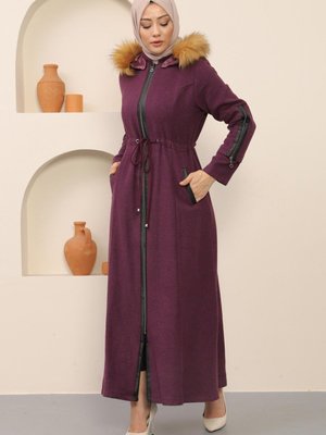 Mürdüm Fermuarlı Deri Detaylı Kaşe Kaban Mürdüm Fermuarlı Deri Detaylı Kaşe Kaban