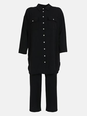 Siyah Büyük Beden Cep Detaylı Düğmeli Tunik & Pantolon İkili Aerobin Takım