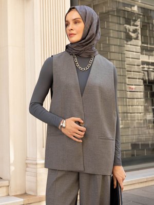 Gri Klasik Kumaş Fleto Cepli Yelek