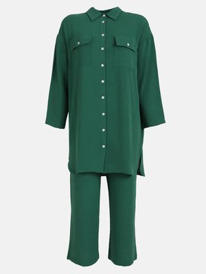Koyu Yeşil Büyük Beden Cep Detaylı Düğmeli Tunik & Pantolon İkili Aerobin Takım