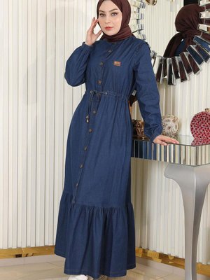 Koyu Kot Beli Bağcıklı Düğmeli Mavi Spor Elbise