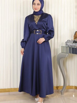 İndigo Taş Detaylı Saten Abiye Elbise