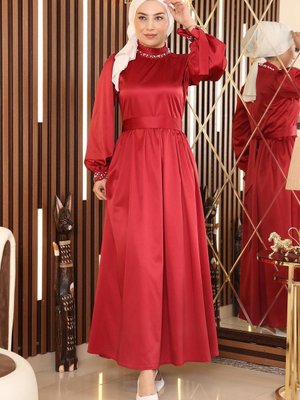 Bordo İncili Saten Abiye Elbise Bordo İncili Saten Abiye Elbise