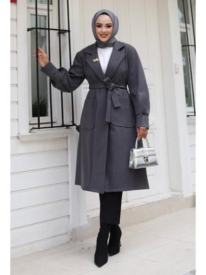 Gri Cep Detaylı Kaşe Kaban