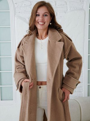 Kruvaze Ceket Yaka Kuşaklı Uzun Kollu Düşük Omuz Astarlı Midi Boy Vizon Kaban