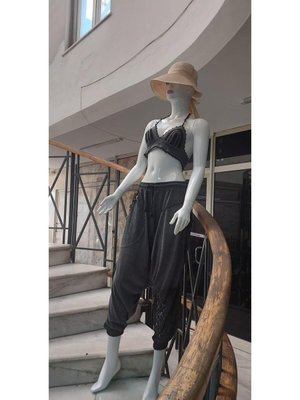 Antrasit Beli Bağlamalı Saçak Detaylı Bohem Şalvar