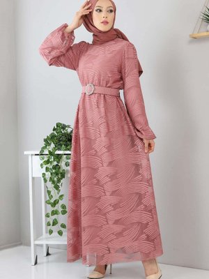 Gül Kurusu Kemerli Dantelli Elbise Gül Kurusu Kemerli Dantelli Elbise