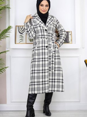 Beyaz Ekoseli Şanel Kaşe Kaban Beyaz Ekoseli Şanel Kaşe Kaban