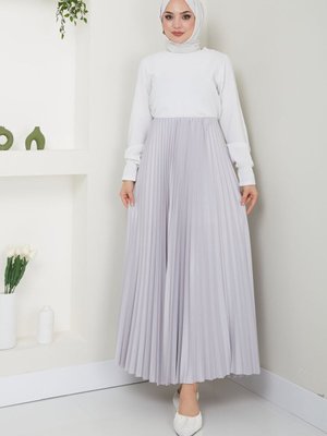 Gri Piliseli Beli Lastikli Basic Uzun Etek Gri Piliseli Beli Lastikli Basic Uzun Etek