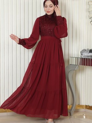 Bordo Pulpayetli Şifon Abiye Elbise Bordo Pulpayetli Şifon Abiye Elbise