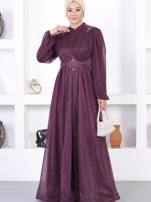 Mürdüm İncili Dantelli Simli Abiye Elbise