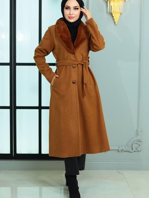 Taba Geniş Kürk Yakalı Kaşe Kaban Taba Geniş Kürk Yakalı Kaşe Kaban