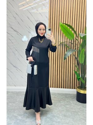 Siyah Deri Detaylı Elbise