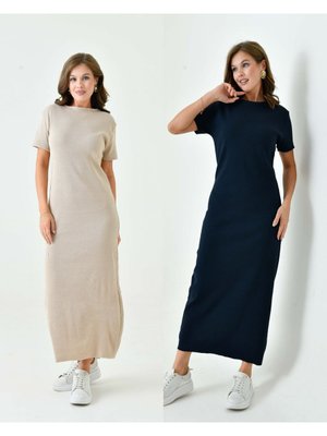 2’li Paket Kısa Kollu Fitilli Bisiklet Sıfır Yaka Terletmeyen Içlik Uzun Elbise Astar Krem Lacivert