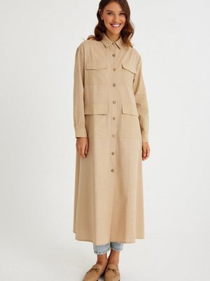 Uzun Keten Trençkot Bej