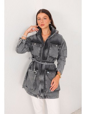 Antrasit Cep Detaylı Kot Ceket