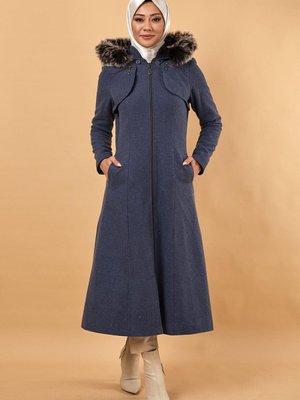 İndigo Fermuarlı Kapüşonlu Kaşe Kaban İndigo Fermuarlı Kapüşonlu Kaşe Kaban