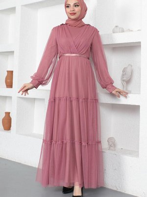Pembe Dantel Detaylı Tül Abiye Elbise