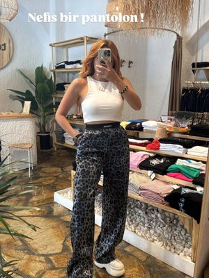 Saten Leopar Pantolon