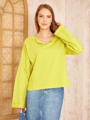 Yağ Yeşili Ekstra Uzun Duble Kol / Yakası Yırtmaçlı Salaş Bluz Sweatshirt