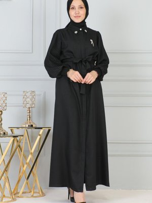 Siyah Taş Detaylı Fermuarlı Ferace
