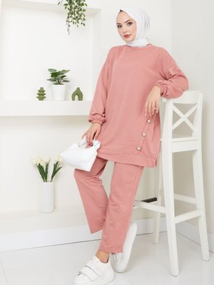 Pudra Düğme Detaylı Crep Takım