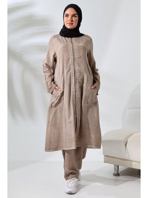 Vizon Viskon Fermuarlı Nakış Detaylı Hac Umre Kıyafeti İkili Takım Vizon Viskon Fermuarlı Nakış Detaylı Hac Umre Kıyafeti İkili Takım