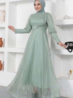 Mint Manşeti Fermuar Detaylı Simli Abiye Elbise