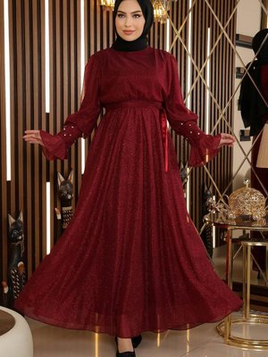 Bordo Taş Detaylı Simli Şifon Abiye Elbise Bordo Taş Detaylı Simli Şifon Abiye Elbise
