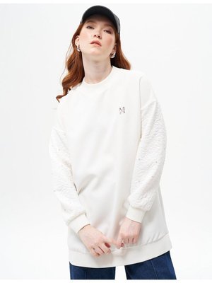 Sıfır Yaka Kolu Taşlı Sweatshirt Optik Beyaz