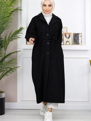 Siyah Geniş Yaka Kaşe Kaban
