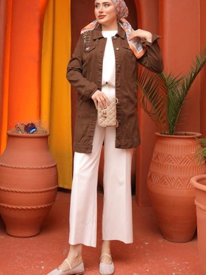 Kahverengi Taşlı Cepli Kot Ceket