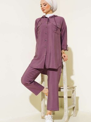 Mürdüm Metal Düğmeli Kapüşonlu İkili Takım